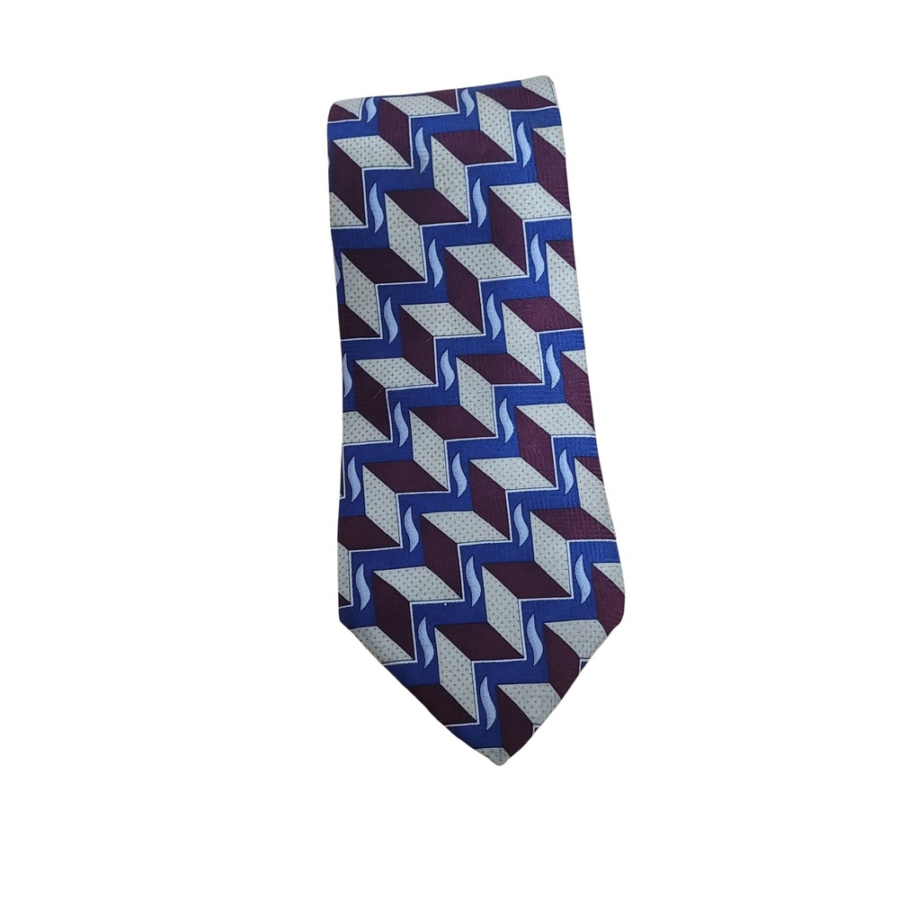 Neiman Marcus Mens Silk Necktie Blue Burgundy Grey Geometric ZigZag 3D Pattern